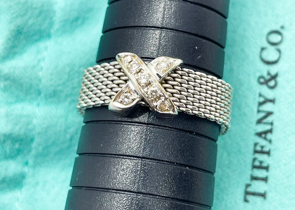Tiffany & Co. 18K White Gold Somerset Mesh Diamond X Ring – Size 11.5